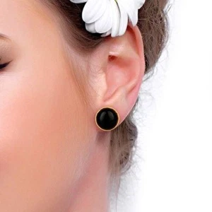 Black Onyx 18K Gold Plated 925 Sterling Silver Stud Earrings Gemstone Jewelry - Picture 1 of 4