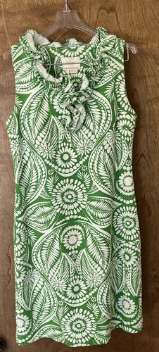 Abito tubino botanico verde e bianco KATE SPADE collo arricciato senza maniche taglia S