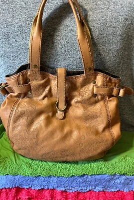 Lucky Brand Tan Floral Patchwork Flap Magnetic Snap Tote Slouch Shoulder Bag - Image 1 of 4