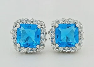 LAB CREATED 2.32 Cts BLUE TOPAZ & WHITE SAPPHIRE STUD EARRINGS .925 Silver -NWT - Picture 1 of 6