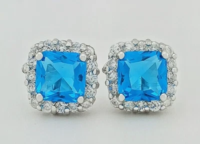 LAB CREATED 2.32 Cts BLUE TOPAZ & WHITE SAPPHIRE STUD EARRINGS .925 Silver -NWT - Image 1 of 4