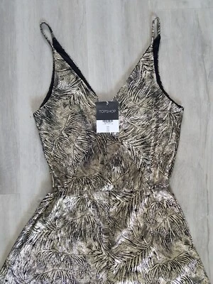TOPSHOP size 6 metallic GOLD PLAYSUIT black TROPICAL PRINT xmas party FESTIVAL - image 1 of 4