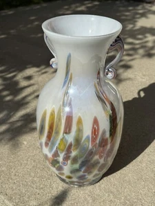 Murano Lavorazione Made in Italy Large Hand Blown Glass Vase Double Handle White - Bild 1 von 10