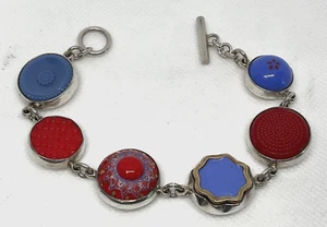 Simon Sebbag Vintage Bezel Set Glass Button Bracelet Sterling Silver 7" - Picture 1 of 6