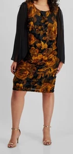 Abito donna Connected nero manica trasparente stampato velluto taglie forti 24W - Foto 1 di 2