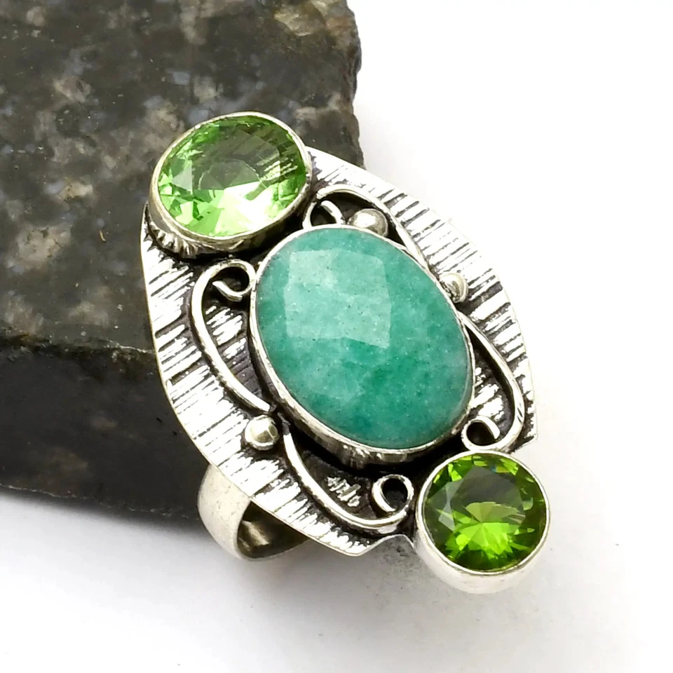 Кольцо ручной работы с имитацией изумруда перидота ювелирное изделие размер США - 9,75 AR 40956 - Изображение 1 из 1