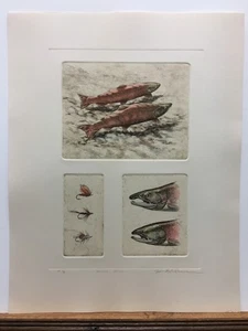 Mike Stidham Sockeye Lachs Fliegenfischen Fliegen handkolorierte Radierung Kunstdruck - Bild 1 von 1