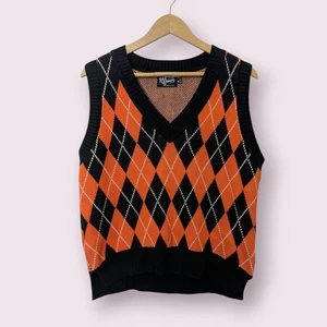 HellBunny Rhombus Vest Black-Orange Xtra Large Goth Halloween Autumn  - Picture 1 of 10