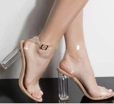 Sandalias de tacón bloque con correa transparente nude para mujer 8,5 | Tacones Lucite transparentes Foto 1 de 3
