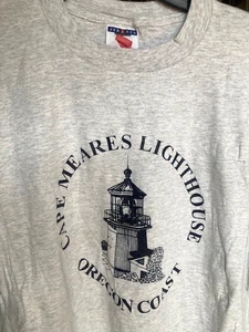 CAPE MEARES LIGHTHOUSE OREGON COAST VINTAGE T SHIRT-GREY-LOGO-LARGE COTTON BLEND - Picture 1 of 3