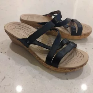 Crocs A Leigh black Leather Cork Wedge Womens Size 9 sandals comfort shoes - Picture 1 of 9