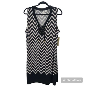 Tacera Chevron Striped Print Shift Dress Womens 2x Black White Lace Up V Neck - Picture 1 of 13