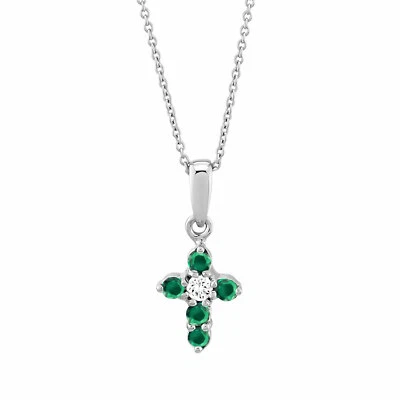 Damen Kette mit Kreuz Anhänger aus 585/14 Karat Weißgold mit Smaragd und Diamant - Bild 1 von 2