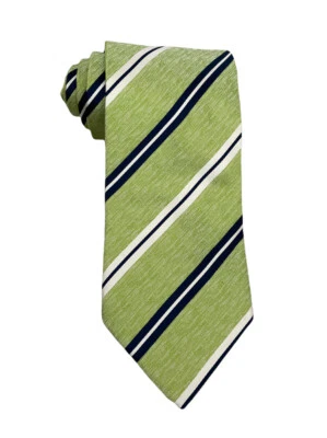 A. Testoni 男式绿色和蓝色条纹丝绸纹理领带意大利 3 7/8 x 59 完好 — 第 1/4 张图片