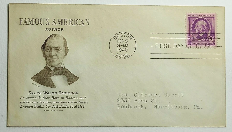 1940 FDC Grimsland Ralph Waldo Emerson American Author First Day Cover SC #861 - Image 1 of 2