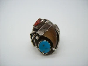 Anillo vintage NAVAJO de plata esterlina para hombre CORAL TURQUESA, talla 10, firmado VP - Imagen 1 de 12