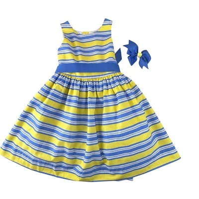Bailey Boys Classic Sleeveless dress size 6 Striped Yellow Blue Lined w/ Hairbow - Image 1 of 4