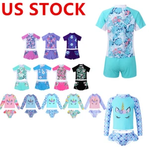 Kid Girl 2 Piece Athletic Tankini Swimsuit Beach Sports Short Sleeve Swimwear - Picture 1 of 52