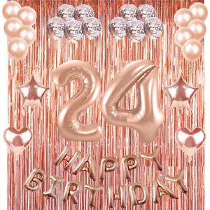 24th Rose Gold Happy Birthday Banner Confetti Balloon Party Decoration Supplies - Picture 1 of 3