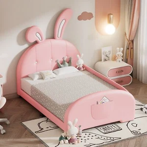 Twin size Upholstered Rabbit-Shape Princess Bed with Headboard  / Footboard Pink - Picture 1 of 9