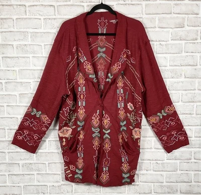 Coldwater Creek Cardigan Women’s Sz 1X/2X Red Juniper Ridge Embroidered Pockets - Image 1 of 4