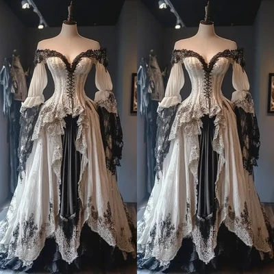 Victorian Black and White Wedding Dresses Strapless Layered Ruffles Bridal Gowns - Image 1 of 4