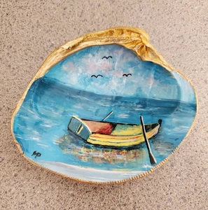 Muscheln handbemalt Ruderboot mit Rudern blauer Himmel Schmuckschale Goldrand Fine Art - Bild 1 von 4