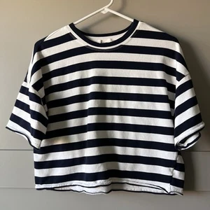 Bohme Felix Striped Cropped T-Shirt Tee Navy Blue White Small Striped Nautical - Picture 1 of 10
