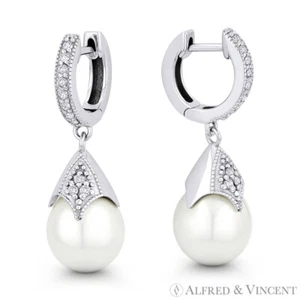 Cultured Pearl & Diamond Dangling Hoop Post Ladies Earrings in 14k White Gold - Picture 1 of 1