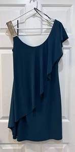 Betsy & Adam Gold Metal Shoulder Strap Dress Cascading Ruffle Front Women Sz 12 - Picture 1 of 7