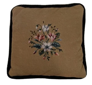 Vintage Victorian Floral Bouquet Needlepoint Pillow apprrox 16.5" sq Black Back - Picture 1 of 6
