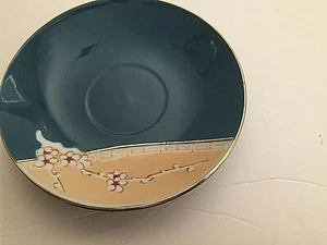 Piattino vintage ceramica verde acqua scuro beige fiori di ciliegio motivo asiatico bordo oro - Foto 1 di 6