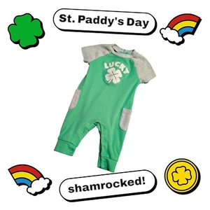 St. Patricks Day LUCKY IRISH Snap Leg Romper w Pockets Green & Gray 0-3m - Picture 1 of 4