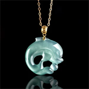 18K natürlicher zertifizierter Jade blauer Wasserdelfin geschnitzt Amulett Anhänger Geschenk - Bild 1 von 5