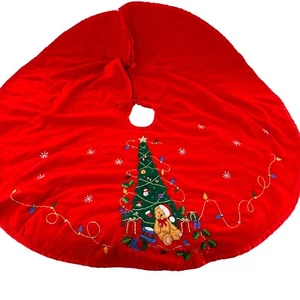 Vintage Red Velvet Tree Skirt Plush 42" Textured Metallic Teddy Bear Christmas e - Picture 1 of 13