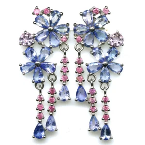 Piedra Preciosa Azul Tanzanita & Zafiro Rosa Pendientes 925 Plata Oro Blanco - Imagen 1 de 4
