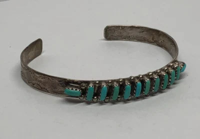 Vtg Zuni Sterling Silver Petit Point Turquoise Stamped Cuff Bracelet 6.5"[045GRA - Image 1 of 4