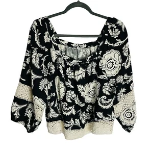 Calligraphie Linen Blend Crop Top Blouse Womens XL Black Ivory 3/4 Sleeve Lace - Imagen 1 de 8