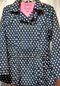 London Fog Girls Navy Blue Polka Dot Hooded Jacket Pink Lined Hoodie Size 14 -16 - Picture 1 of 12