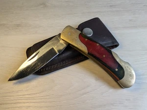 Vintage 4" Wood & Brass Colorful Handle Lockblade Pocket Knife w/ Leather Sheath - Picture 1 of 15