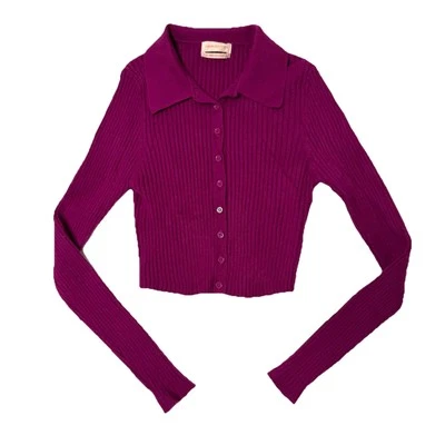 URBAN OUTFITTERS Top magenta rosa acanalado tejido cuello corto abotonado talla L Foto 1 de 4