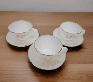 Federal Glass Golden Glory 3 Cup & Saucer Milk Glass Gold Trim Heat Proof - Picture 1 of 10