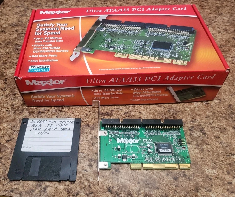 Maxtor Ultra ATA133 PCI Adapter Card w Install Diskette and Box No Cables  - Image 1 of 4