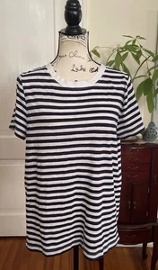 NWOT Loft Women’s 100% Cotton Crewneck Navy Striped Short Sleeve Top Size L ￼ - Picture 1 of 11