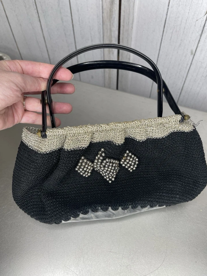 Vintage 60s Crochet Purse & Woven Metal With Silver Bead Accents Top Handle - Image 1 of 4
