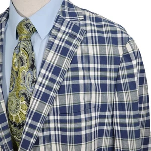 Lauren Ralph Lauren Blazer Men 48L Blue Green Plaid Cotton Sport Coat Summer - Picture 1 of 12