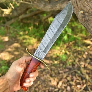 Damascus Steel Hunting Bowie Knife Full Tang Outdoor Tactical - Wood Handle - Picture 1 of 5