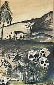 Eerie Funeral Grave Skulls Creepy Modernist Art Watercolor Gouache Signed ARIAS - Picture 1 of 4