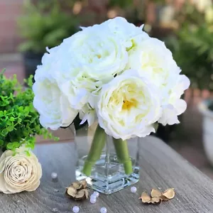 Artificial Mixed Peony Hydrangea Faux Flower Arrangement w Glass Vase Faux Water - Picture 1 of 11