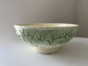 Haeger Vintage 8" Footed Bowl Green/Cream Glaze Scroll Leaf Pattern  - Picture 1 of 7